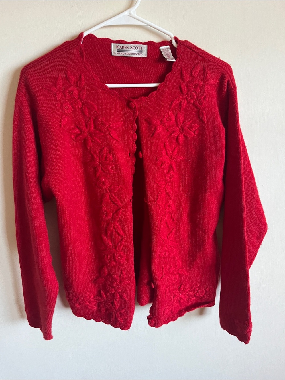 Karen Scott Red Floral-Embroidered Button Cardigan